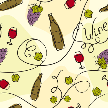 Seamless pattern from hand drawn wine bottles, glasses, vines. Green background with vineyard. Grape bunches and leaves. Vector illustration for winery, restaurant, bar.のイラスト素材