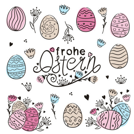 Happy Easter text vector in German language. Set for easter decoration for Germany. Painted eggs and flowers in doodle style. Multi-colored watercolor stains. Vector elements for the designのイラスト素材