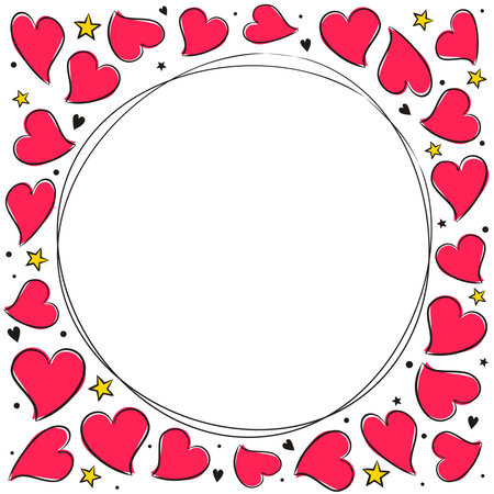 Round frame with hand drawn hearts and stars. Valentine's Day template. Love greeting card. Vector illustrationのイラスト素材