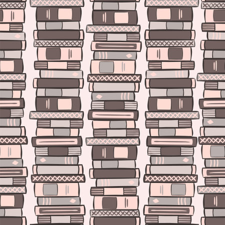 Seamless pattern of hand drawn stack of books. Bookshelves in the library. Background for notebooks, textbooks, school and education topics. Vector illustrationのイラスト素材