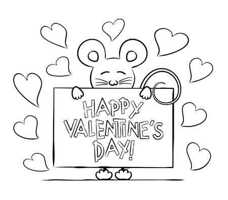Mouse holds in its paws a poster Happy Valentine's Day. Contour coloring. Love card with hearts. Vector illustration for children's decor, cards, posters and books.のイラスト素材