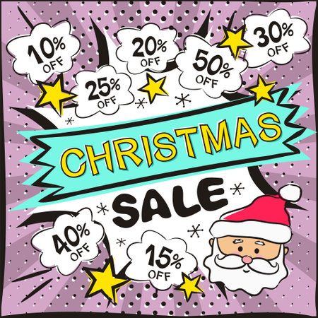 Christmas Sale Bright lilac banner in popart style. Cartoon Explosion, Santa Claus, clouds and stars. Blank for discount banner, presentation, coupons, template. Vector illustrationのイラスト素材