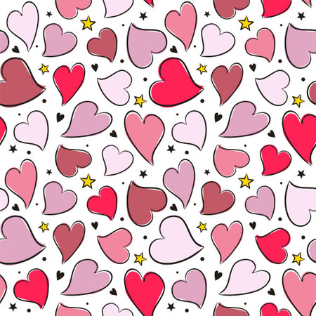 Seamless pattern of hand drawn hearts and stars. Pink and red hearts on white background. Template on the theme of love, weddings and Valentine's Day. Vector illustrationのイラスト素材