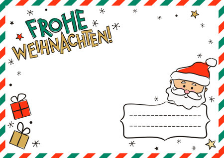 German Merry Christmas postcard with Santa Claus, gifts and snowflakes. Greeting airmail card template for sending. Vector illustration for Germany. Translation: Merry Christmasのイラスト素材