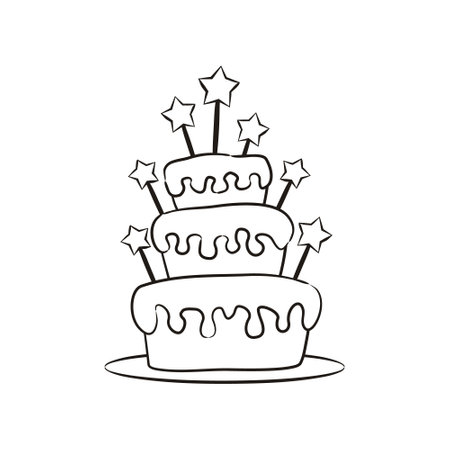 Hand drawn tiered birthday cake, black and white coloring. Sweet cake with stars. Contour vector illustration on the theme of birthday, anniversary, holiday.のイラスト素材