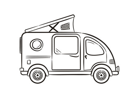 Hand-drawn minivan with lifting roof. Motorhome isolated on white background. Contour Vector illustration on the theme of travel, caravanning, camping, hiking and motorhomes.のイラスト素材