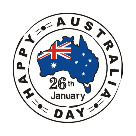 Hand-drawn stamp with Lettering and map for Australia Day. January 26th in national colors. Vector illustration for poster design in doodle style.のイラスト素材