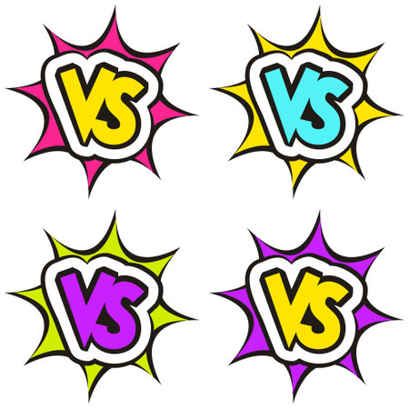 Vs comics elements in pop art style. Bright cartoon icons for a poster or banner. Vector illustration.のイラスト素材