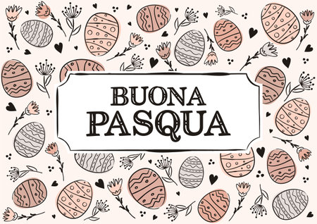 Italian Happy Easter greeting card. Hand drawn Easter typography with flowers and eggs. Vector illustration for Italy. Translation: Happy Easterのイラスト素材