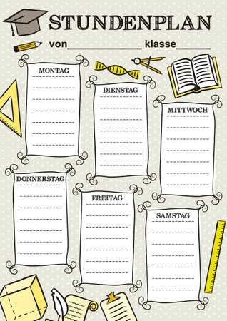 German vintage template of a school schedule for 6 days of the week for students. Blank for a list of school subjects. Vector illustration in doodle styles for Germany. Translation: Timetableのイラスト素材