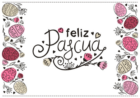Spanish Happy Easter hand drawn greeting card. Doodle Easter typography with flowers and eggs. Vector illustration for Spain. Easter eggs pattern. Translation: Happy Easterのイラスト素材