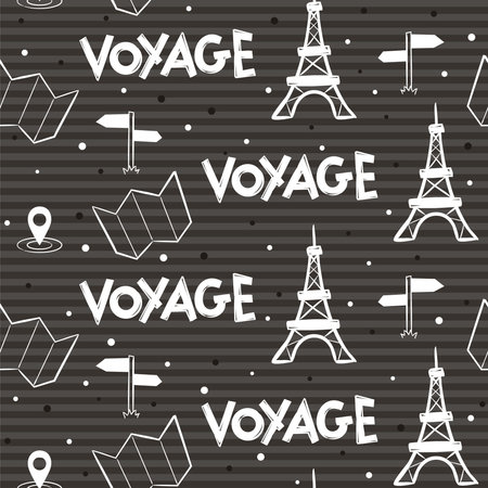 Striped black and white seamless pattern with French elements. Eiffel Tower, map, navigation icon and road sign. Vector illustration in chalky style for trip and adventure. Translation: Travelのイラスト素材