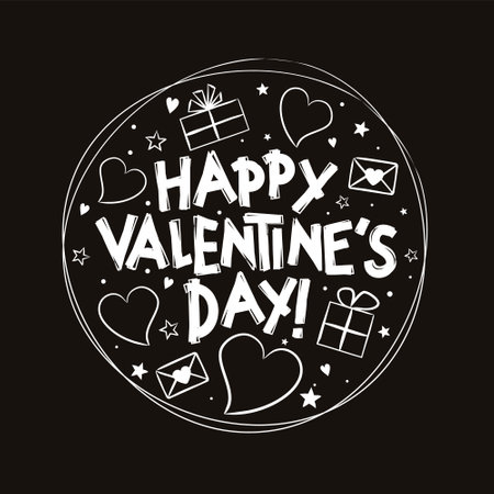 Happy Valentine's Day in chalky style. Black and white design with hearts and gift boxes. Hand drawn isolated emblem for greeting cards, banner, stickers. Vector love illustrationのイラスト素材