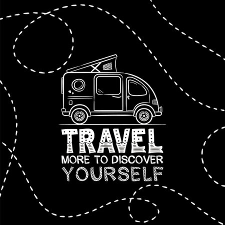 Travel slogan in chalk style. Lettering of the phrase Travel more to discover Youself. Vector card with hand drawn minivan and routes. Illustration for design, posters and stickers.のイラスト素材