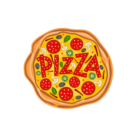 Bright tasty hand drawn pizza. sausage pizza word. a pizzeria, cafe or restaurant. Vector food illustrationのイラスト素材