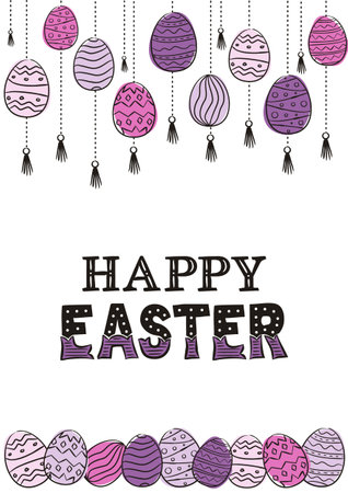 Happy Easter card. Hand drawn festive typography with hanging painted eggs in Multi-colored. Vector illustration in doodle style for poster or bannerのイラスト素材