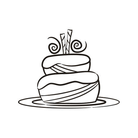 Hand drawn tiered birthday cake, black and white coloring. Sweet cake with cinnamon sticks. Contour vector illustration on the theme of birthday, anniversary, holiday.のイラスト素材