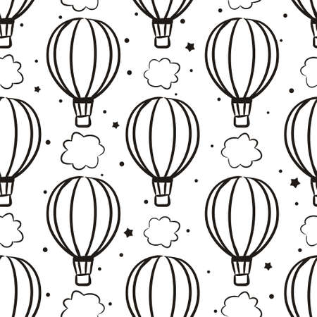 Seamless pattern with hand-drawn balloons and clouds. Cute background for nursery or travel. Contour vector illustration in doodle style.のイラスト素材