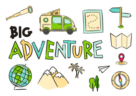 Set of hand drawn travel icons. Pictograms of globe, compass, map, route, mountains, navigation, Spyglass, minivan.  Big adventureのイラスト素材