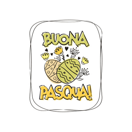 Italian Happy Easter greeting. Hand drawn festive typography with flowers for cards and banners isolated on white background. Vector illustration for Italy. Translation: Happy Easterのイラスト素材