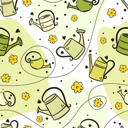 Seamless green spring pattern with cute watering cans and flowers. Hand-drawn doodle garden elements. Vector illustration on the theme of spring, gardening, planting and beds.のイラスト素材