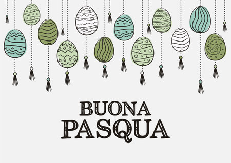 Italian Happy Easter card. Hand drawn festive typography with hanging painted eggs in Multi-colored. Vector illustration in doodle style for poster or banner for Italy. Translation: Happy Easterのイラスト素材