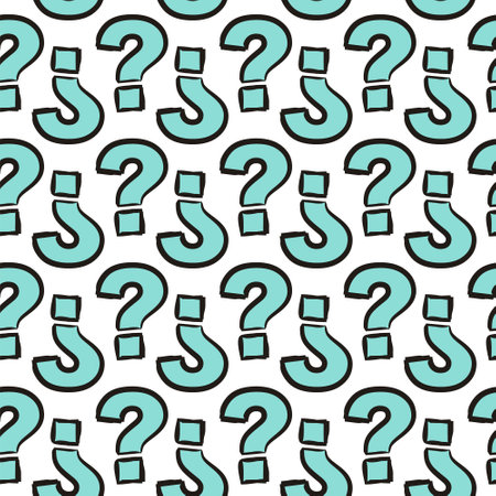 Seamless vector pattern of hand-drawn icons. Cartoon background with blue question marks. Vectorのイラスト素材