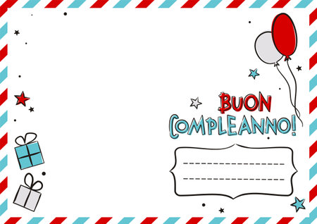Italian Happy Birthday postcard with balloons and gift boxes. Cute greeting card. Hand drawn envelope. Vector festive illustration for Italy. Translation: Happy Birthdayのイラスト素材