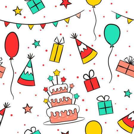 Happy birthday Seamless pattern. Hand drawn holiday elements, gifts, balloons, cake, stars, garlands. Festive Vector illustration.のイラスト素材