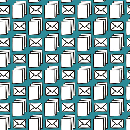 Seamless vector pattern of hand-drawn mail icons. Dark blue background with white envelopes and sheets of paper.のイラスト素材