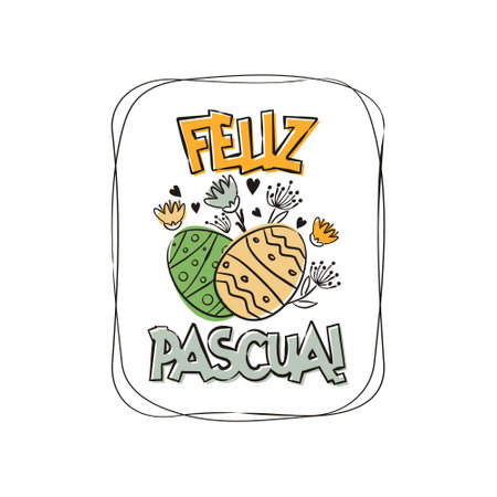 Spanish Happy Easter greeting. Hand drawn festive typography with flowers for cards and banners isolated on white background. Vector illustration for Spain. Translation: Happy Easterのイラスト素材