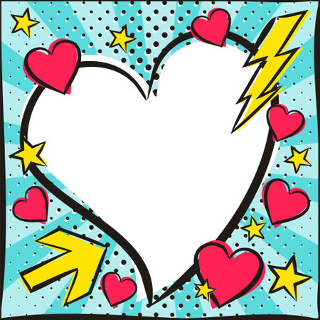 Love Pop art Bright comic empty speech bubble with hearts and stars. White box for text in the shape of a heart. Template for congratulations, Valentines day discounts. Vector illustrationのイラスト素材