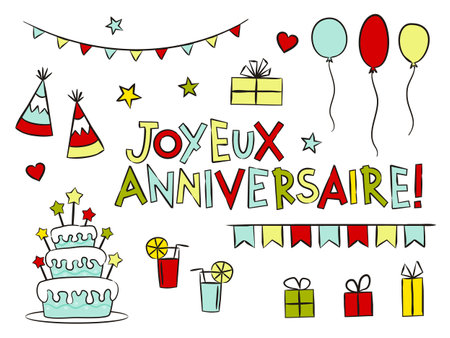 Set of french Happy Birthday elements isolated on white background. Hand-drawn holiday elements, gifts, balloons, cake. Vector illustration for France. Translation: Happy Birthdayのイラスト素材