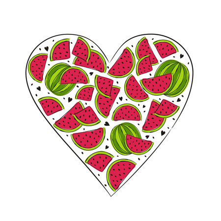 Heart made from hand drawn watermelon and slices. Juicy fruit frame on the theme of love and Valentine's Day. Vector illustrationのイラスト素材