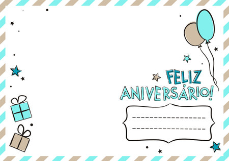 Portuguese Happy Birthday postcard with balloons and gift boxes. Cute greeting card. Hand drawn envelope. Vector festive illustration for Portugal. Translation: Happy Birthdayのイラスト素材