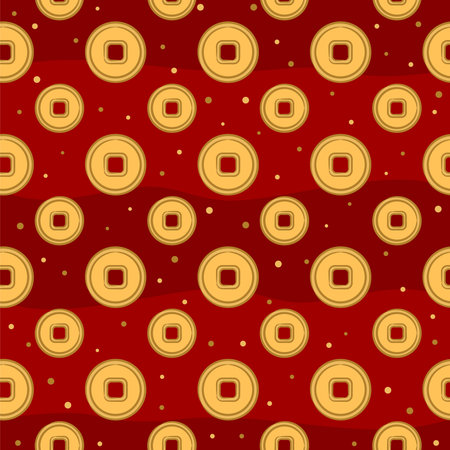 Seamless pattern of gold Chinese coins on a red background. Hand-drawn symbols of good luck, wealth and wealth. Vector illustration on the theme of Chinese culture and the New Yearのイラスト素材