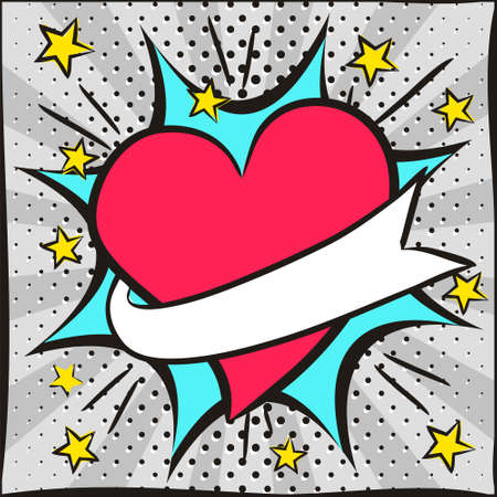 Bright love banner in popart style. Comic exploison with red heart and text ribbon. Template for congratulations, Valentines day or wedding photo album. Vector illustrationのイラスト素材