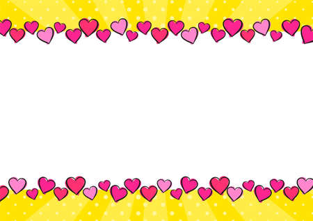 Festive bright rectangular frame made from casually hand-drawn hearts. Yellow Template for love holiday, Valentines day party, photo album, wedding, greeting card. Vector illustration in pop art styleのイラスト素材