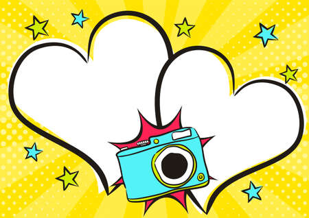 Love Pop art Bright comic double heart frame with camera. White box for text in the shape of a heart. Template for congratulations, Valentines day or wedding photo album. Vector illustrationのイラスト素材