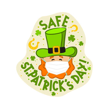 Leprechaun in the protective medical mask. Safe St Patrick's Day icon. Emblem for Irish holiday design isolated on white background.のイラスト素材