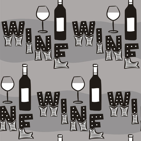 Seamless pattern from hand drawn wine bottles, glasses, vines. Dark gray background with letters. Black and white Vector illustration for winery, restaurant, bar.のイラスト素材