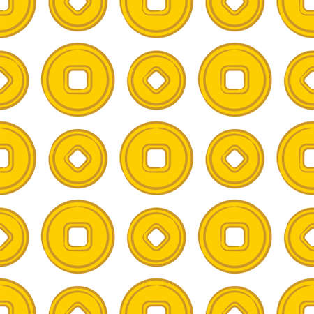 Seamless pattern of gold coins on a white background. Hand-drawn symbols of good luck, wealth and wealth. Vector illustration on the theme of Chinese culture and the New Yearのイラスト素材