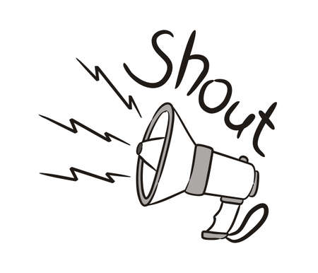 Hand-drawn loudspeaker with the caption: Shout. Doodle style horn outline picture isplated on white background. Vector illustrationのイラスト素材