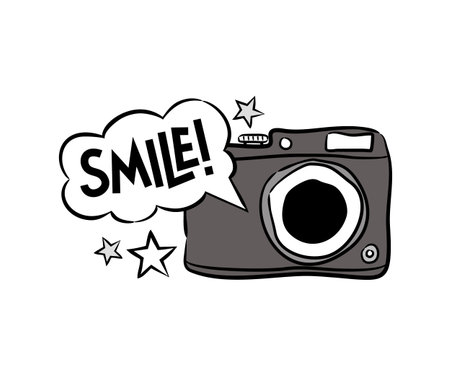 Hand drawn comic camera isolated on white background. Cartoon photo, stars and speech bubbles....