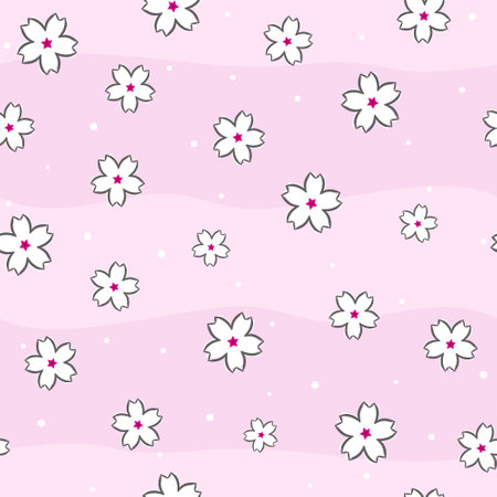 Seamless pattern of hand drawn sakura flowers on a pink background. White blooming flowers in cartoon style. Vector background for shaping the themes of flowering, spring, beauty and Japan.のイラスト素材