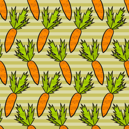 Seamless pattern of hand-drawn carrots. Cartoon vegetable green background on the theme of harvest,...
