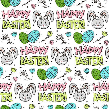 Hand-drawn pattern with easter eggs, rabbit and flowers. Colored spots on the background. Seamless Easter vector pattern in doodle style.のイラスト素材