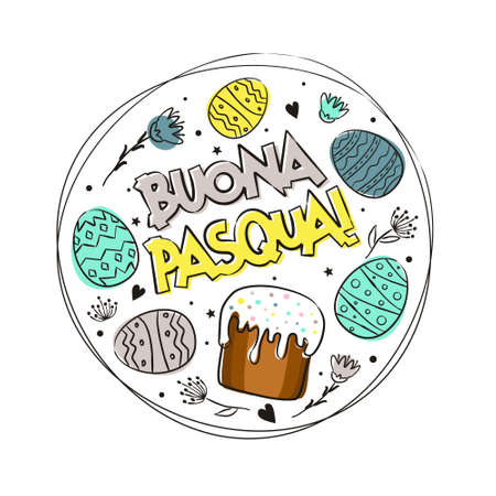 Italian Happy Easter greeting with Round frame of hand-drawn easter eggs, cake and flowers. Painted in watercolor spots. Cute wreath for Italy. Vector illustration. Translation: Happy Easterのイラスト素材