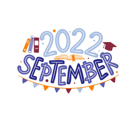 September 2022 logo with hand-drawn books, hat and garland. Months emblem for the design of calendars, seasons postcards, diaries. Doodle Vector illustration isolated on white background.のイラスト素材