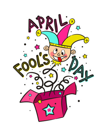 April Fools Day. Hand drawn funny Jack jumping out of the box. Bright toy harlequin isolated on white background. Vector illustration for designs of holiday banners, cards and posters.のイラスト素材